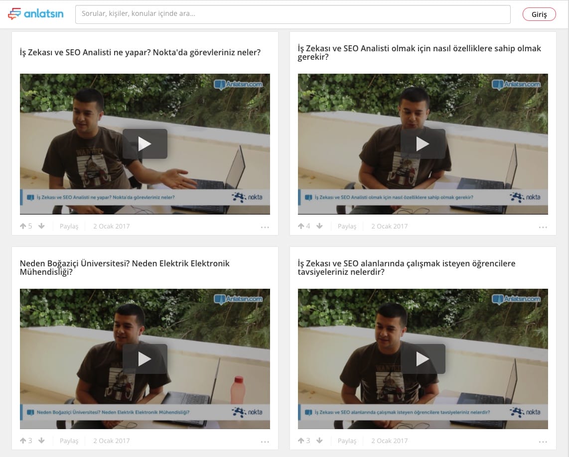 A website displaying several videos, including those by Çağrı Sarıgöz and Anlatsın.
