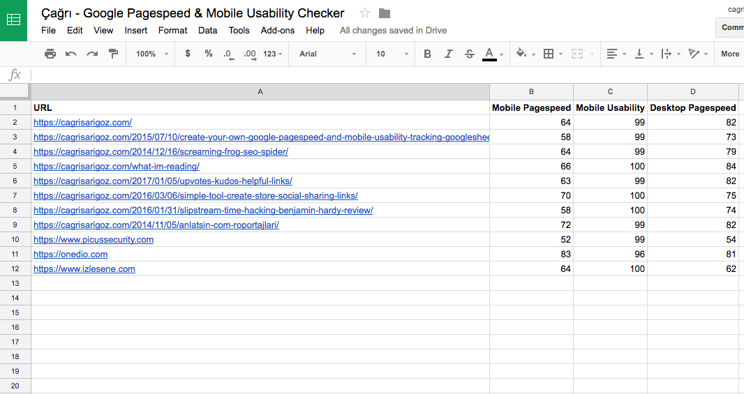 A screenshot of the google spreadsheet with a list of keywords.