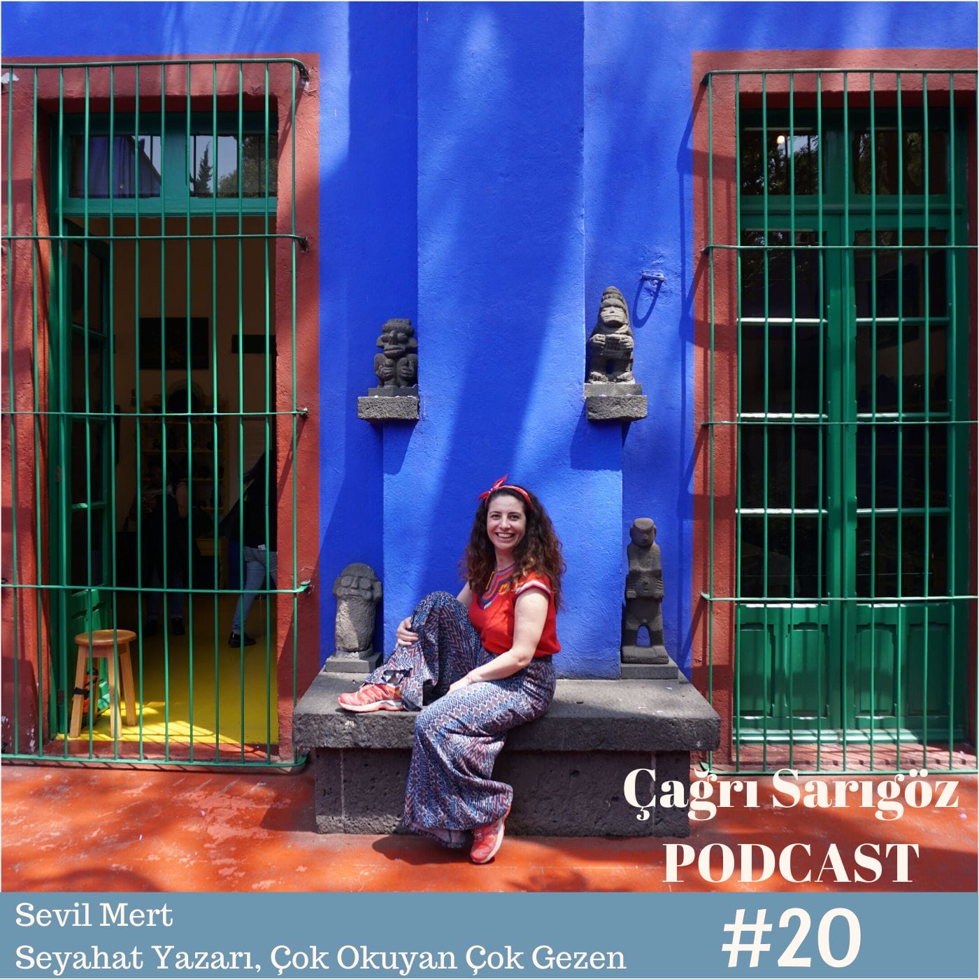 A woman sits in front of a blue door with the words cig sango podcast 20.